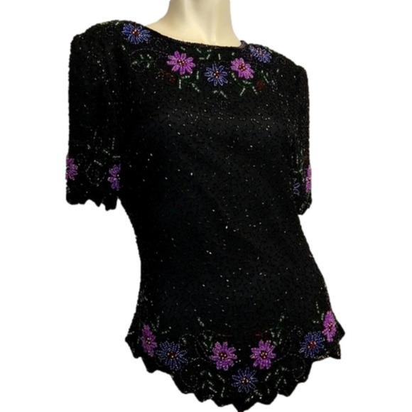 Laurence Kazar Vintage Black Silk Bead Embellished Blouse